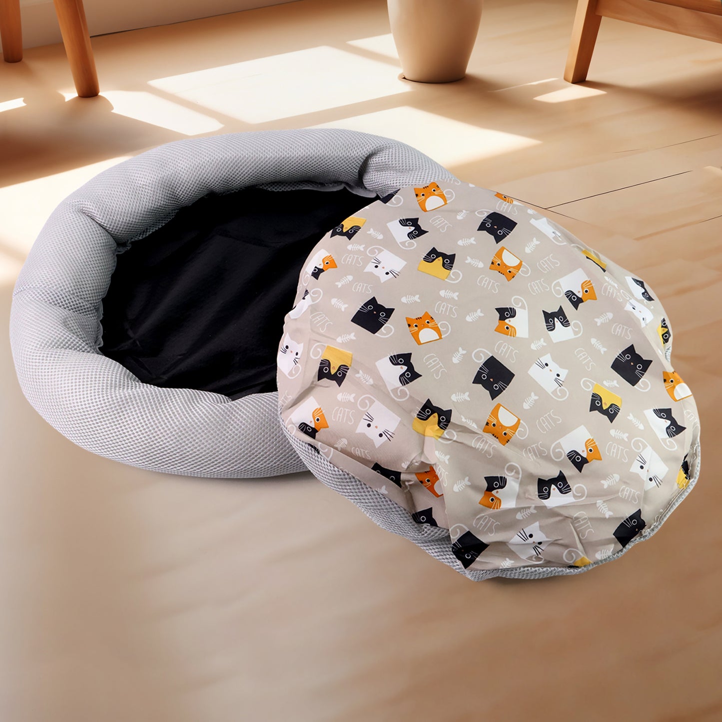 Round Soft Plush Cat Bed With Cartoon Cat Print Cushion π±