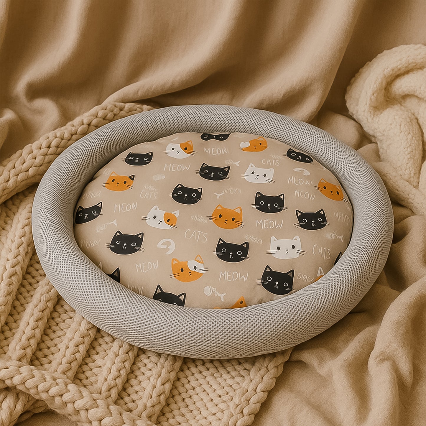 Round Soft Plush Cat Bed With Cartoon Cat Print Cushion π±