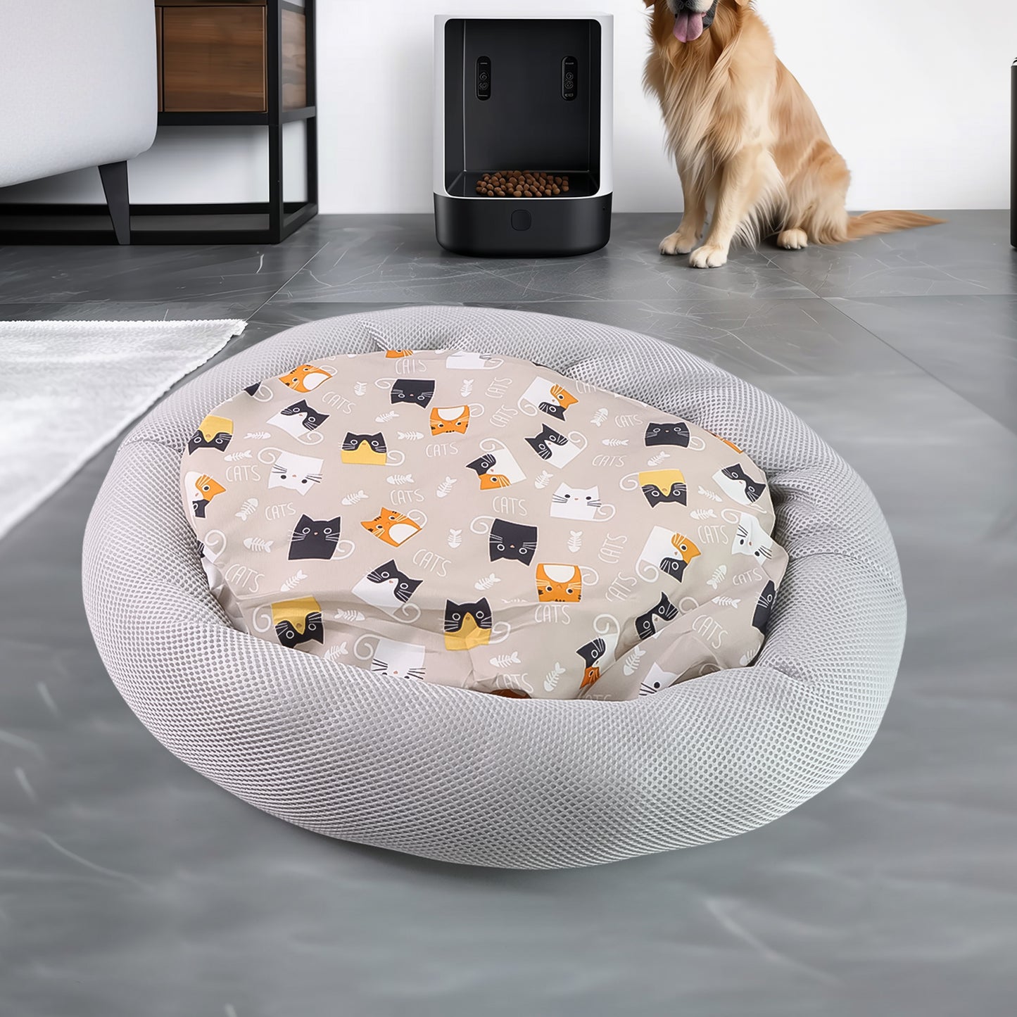 Round Soft Plush Cat Bed With Cartoon Cat Print Cushion π±
