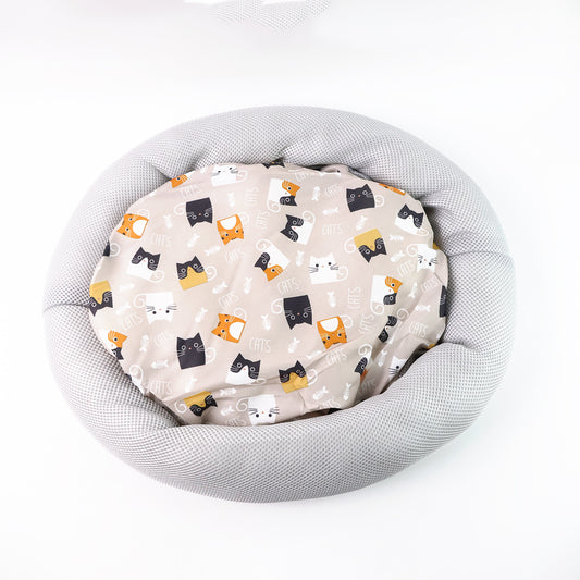 Round Soft Plush Cat Bed With Cartoon Cat Print Cushion  🐱