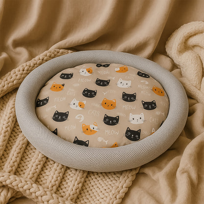 Round Soft Plush Cat Bed With Cartoon Cat Print Cushion  🐱